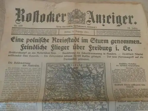alte Zeitung , Rostocker Anzeiger , 11.12.1914 , Rostock in Mecklenburg , Flieger in Freiburg ,viel Reklame / Werbung !!