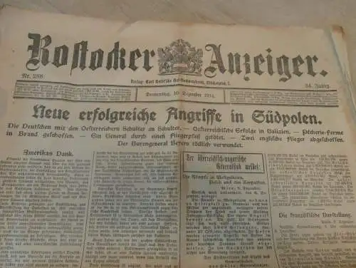 alte Zeitung , Rostocker Anzeiger , 10.12.1914 , Rostock in Mecklenburg , Angriffe in Polen , viel Reklame / Werbung !!!