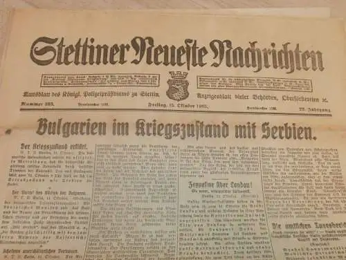 alte Zeitung: Stettiner Neueste Nachrichten , 15.10.1915 , Stettin in Pommern , Krieg ,viel Reklame / Werbung !!!