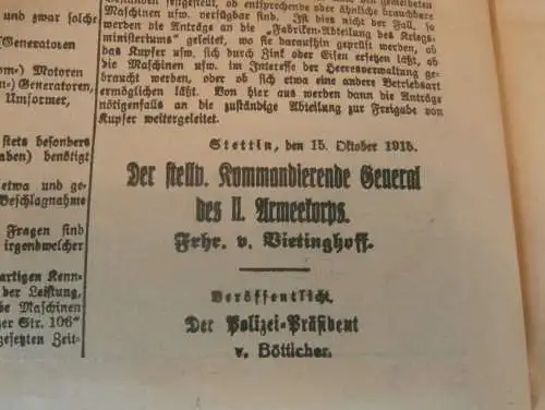 alte Zeitung: Stettiner Neueste Nachrichten , 15.10.1915 , Stettin in Pommern , Krieg ,viel Reklame / Werbung !!!