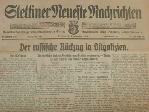 alte Zeitung: Stettiner Neueste Nachrichten , 3.09.1915 , Stettin in Pommern , Galizien , viel Reklame / Werbung !!!