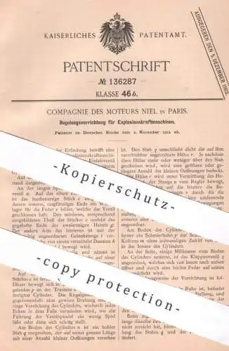 original Patent - Compagnie des Moteurs Niel , Paris Frankreich , 1901 , Regelung für Explosionskraftmaschine | Gasmotor