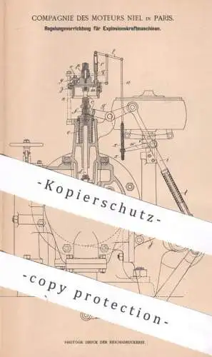 original Patent - Compagnie des Moteurs Niel , Paris Frankreich , 1901 , Regelung für Explosionskraftmaschine | Gasmotor