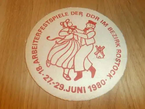 alter Bierdeckel , VEB Rostocker Brauerei , Hanseat , Arbeiterfestspiele der DDR , 29.06.1980 , rar , Mecklenburg !!!