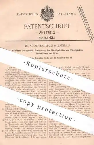 original Patent - Dr. Adolf Kwilecki , Breslau , Polen , 1902 , Eiweißgehalt in Flüssigkeiten ermitteln | Urin , Medizin