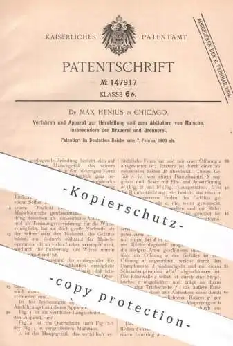 original Patent - Dr. Max Henius , Chicago , USA , 1903 , Abläutern von Maische | Brauerei , Brennerei , Bier , Likör !