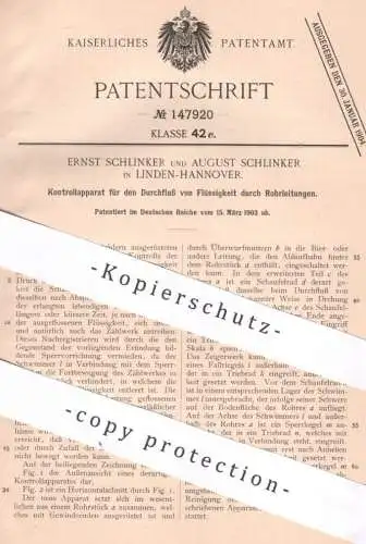 original Patent - Ernst & August Schlinker , Hannover / Linden | 1903 | Kontrolle über Flüssigkeit in Rohrleitungen !!