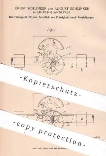 original Patent - Ernst & August Schlinker , Hannover / Linden | 1903 | Kontrolle über Flüssigkeit in Rohrleitungen !!