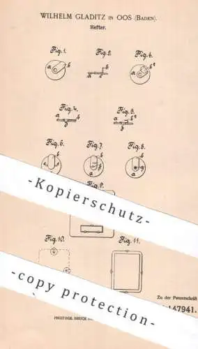 original Patent - Wilhelm Gladitz , Oos / Baden , 1902 , Hefter | Heft , Klemmbrett , Ordner , Papier , Album , Blätter