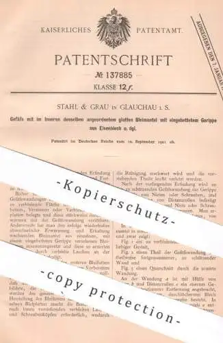 original Patent - Stahl & Grau , Glauchau i. S. | 1901 | Gefäß mit innerem Bleimantel und Eisenblech | Blei Eisen Blech