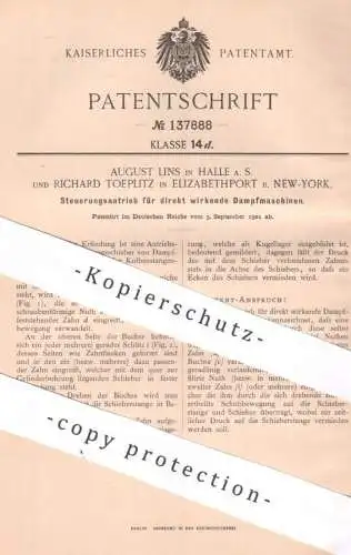 original Patent - August Lins , Halle | Richard Toeplitz , Elizabethport / New York USA | 1901 | Dampfmaschinen Antrieb