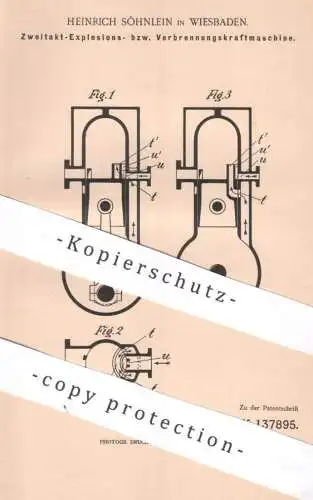 original Patent - Heinrich Söhnlein , Wiesbaden 1901 , Zweitakt - Gas- u. Verbrennungskraftmaschine | Gasmotor , Motor