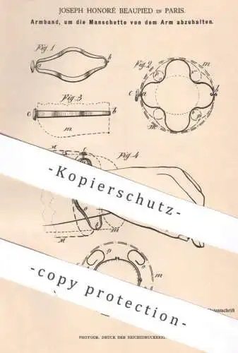 original Patent - Joseph Honoré Beaupied , Paris Frankreich , 1884 , Armband zum Abhalten d. Manschette | Hemd Schneider