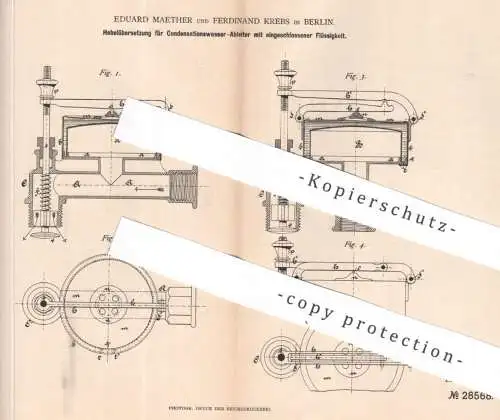 original Patent - Eduard Maether , Ferdinand Krebs , Berlin , 1884 , Kondensationswasser - Ableiter | Dampfkessel Kessel