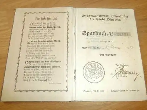 altes Sparbuch Schwerin, 1937 - 1945 , Hans Kloock in Schwerin , Sparkasse , Bank !!!
