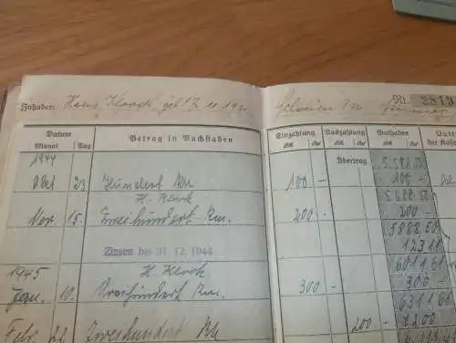 altes Sparbuch Schwerin, 1937 - 1945 , Hans Kloock in Schwerin , Sparkasse , Bank !!!