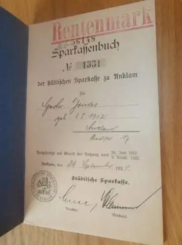 altes Sparbuch Anklam , 1924 - 1942 , Gerda Jonas in Anklam i. Mecklenburg , Sparkasse , Bank !!!
