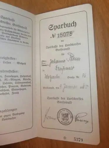 altes Sparbuch Greifswald , 1940 - 1944 , Johanna Bauer in Greifswald i. Mecklenburg , Sparkasse , Bank