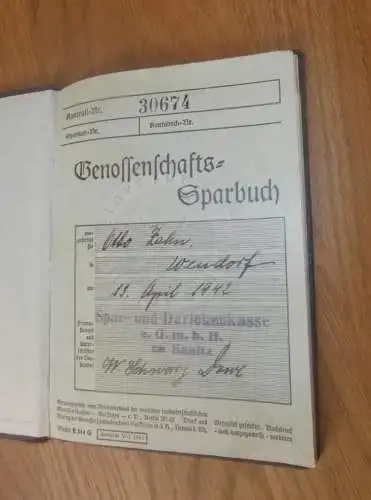 altes Sparbuch Sanitz , 1942 - 1945 , Otto Zahn in Wendorf i. Mecklenburg , Sparkasse , Bank