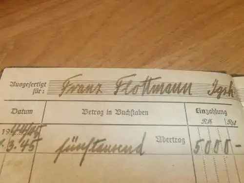 altes Sparbuch Jürgenshagen , 1945 , Franz Flottmann in Jürgenshagen i. Mecklenburg , Sparkasse , Bank