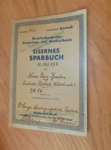 altes Sparbuch Rostock , 1942 - 1944 , Franz Bruhn , Maschinenfabrik Rostock i. Mecklenburg , Sparkasse , Bank !!