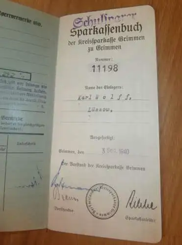 altes Sparbuch Grimmen , 1940 - 1943 , Karl Wolff in Lüssow i. Mecklenburg , Sparkasse , Bank !!