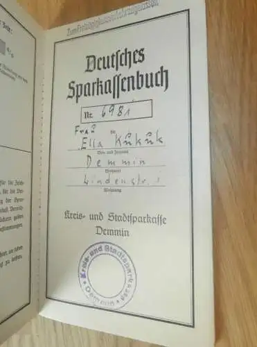 altes Sparbuch Demmin , 1950 -  1957 , Ella Kukuk in Demmin i. Mecklenburg , Sparkasse , Bank !!