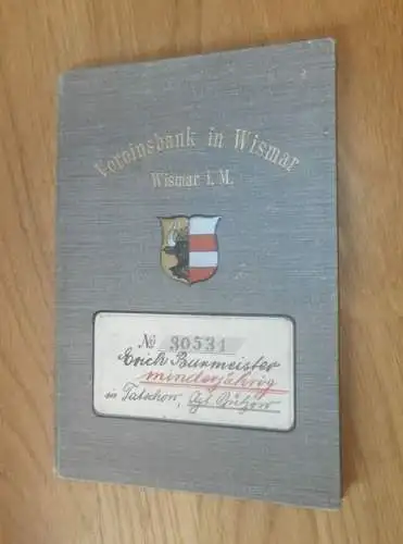 altes Sparbuch Wismar , 1909 - 1917 , Erich Burmeister in Taschow , Agt. Bützow i. Mecklenburg , Sparkasse , Bank !!