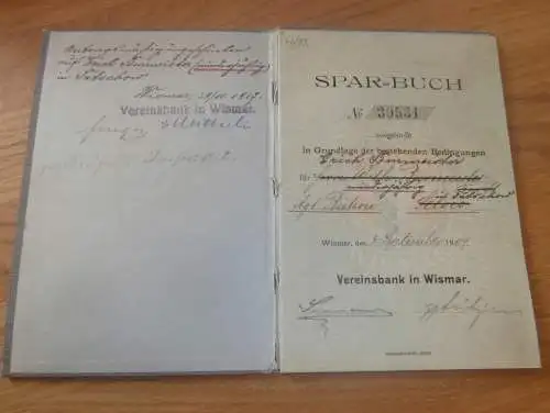 altes Sparbuch Wismar , 1909 - 1917 , Erich Burmeister in Taschow , Agt. Bützow i. Mecklenburg , Sparkasse , Bank !!