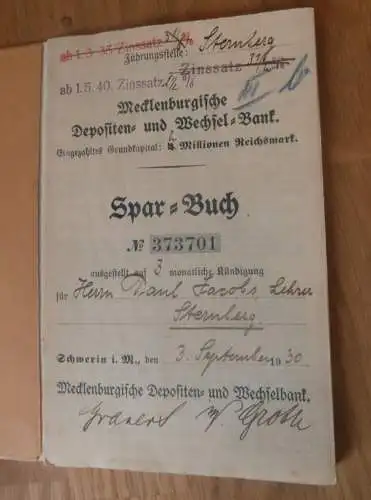 altes Sparbuch Sternberg , 1930 - 1943 , Lehrer Paul Jacobs in Sternberg i. Mecklenburg , Sparkasse , Bank !!