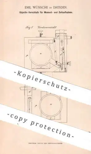 original Patent - Emil Wünsche , Dresden , 1893 , Objektiv - Verschluss für Momentaufnahme | Kamera Camera Photography