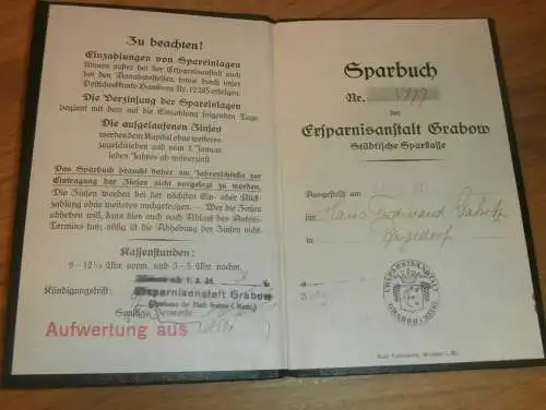 altes Sparbuch Grabow , 1927 - 1942 , Hans Ferdinand Gahrtz in Bergedorf b. Hamburg ,Mecklenburg , Sparkasse , Bank !!