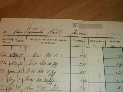 altes Sparbuch Jarmen , 1932 - 1946 , Hermann Fritz in Jarmen i. Mecklenburg , Sparkasse , Bank !!