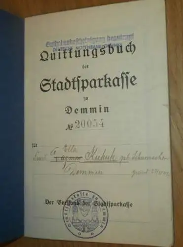 altes Sparbuch Demmin , 1939 - 1946 , Ella Kukuk geb. Schuhmacher in Demmin i. Mecklenburg Sparkasse , Bank !!
