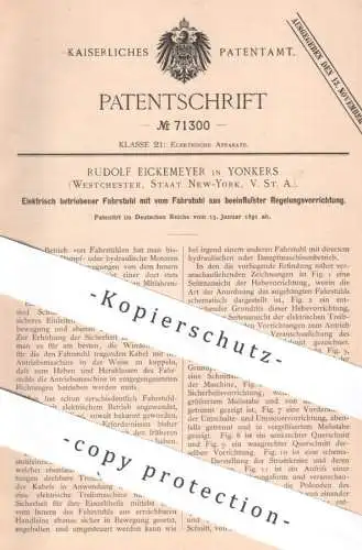 original Patent - Rudolf Eickemeyer , Yonkers Westchester , New York , 1891 , Elektrisch betriebener Fahrstuhl | Aufzug