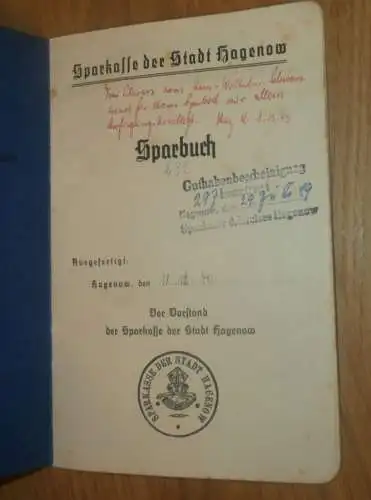 altes Sparbuch Hagenow , 1940-44 , Hans Wilhelm Schwarz in Hagenow i. Mecklenburg Sparkasse , Bank