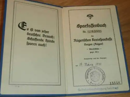 altes Sparbuch Bergen a. Rügen , 1940-44  , G. Schwartz geb. Günthel in Bergen a. Rügen i. Mecklenburg Sparkasse , Bank