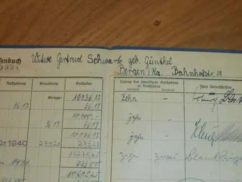altes Sparbuch Bergen a. Rügen , 1940-44  , G. Schwartz geb. Günthel in Bergen a. Rügen i. Mecklenburg Sparkasse , Bank