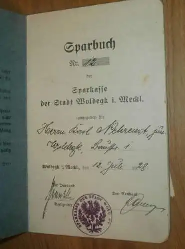 altes Sparbuch Woldegk , 1928 - April 1945 , Karl Nehrenst in Woldegk i. Mecklenburg Sparkasse , Bank !!
