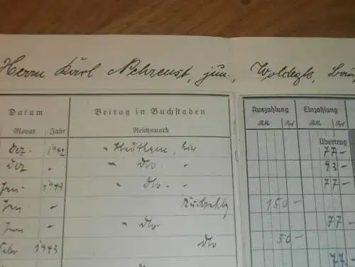 altes Sparbuch Woldegk , 1928 - April 1945 , Karl Nehrenst in Woldegk i. Mecklenburg Sparkasse , Bank !!