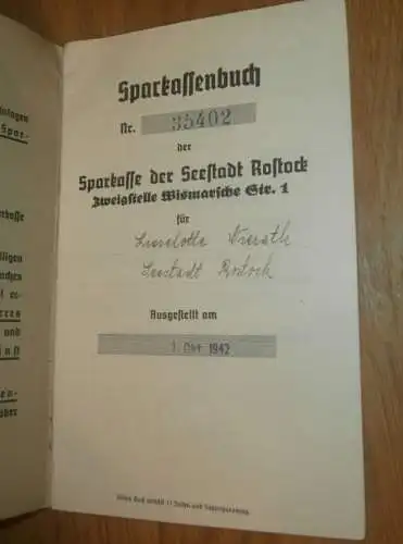 altes Sparbuch Rostock , 1942 - 1944 , Lieselotte Nierath in Rostock i. Mecklenburg , Sparkasse , Bank !!!