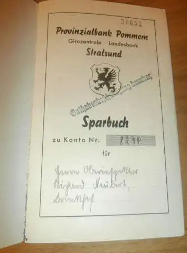 altes Sparbuch Stralsund ,1942 - 1945 , Oberinspektor Richard Neubert in Stralsund i. Mecklenburg , Sparkasse , Bank !!!
