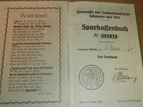 altes Sparbuch Schwerin ,1939 - 1945, Meta Wilk geb. Taetow in Schwerin i. Mecklenburg , Sparkasse , Bank !!!
