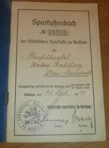 altes Sparbuch Anklam ,1939- 1945, Oberfeldwebel Walter Stahlberg in Wien Neustadt , Mecklenburg , Sparkasse , Bank !!!
