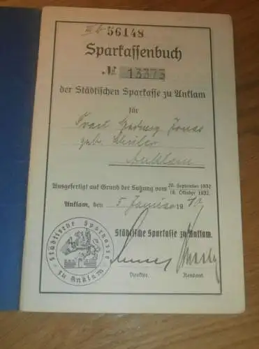 altes Sparbuch Anklam ,1940 - 1944 , Hedwig Jonas geb. Schüler in Anklam i. Mecklenburg , Sparkasse , Bank !!!