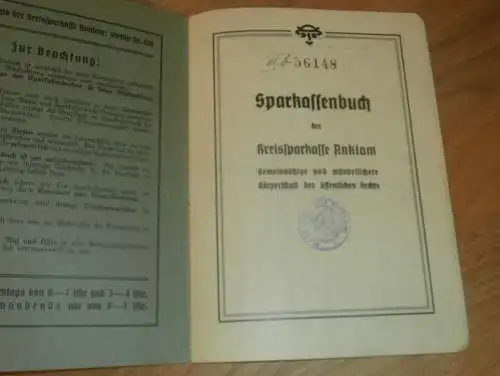 altes Sparbuch Anklam ,1938 - 1944 , Karl Jonas in Anklam i. Mecklenburg , Sparkasse , Bank