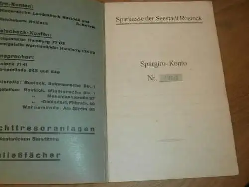 altes Sparbuch Rostock ,1943- 30.April 1945 , M.Diederichs in Rostock Brinckmansdorf i. Mecklenburg , Sparkasse , Bank