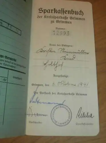 altes Sparbuch Grimmen ,1941-1944, Kristin Hainmüller Holthof b. Splietsdorf i. Mecklenburg , Sparkasse , Bank !!!