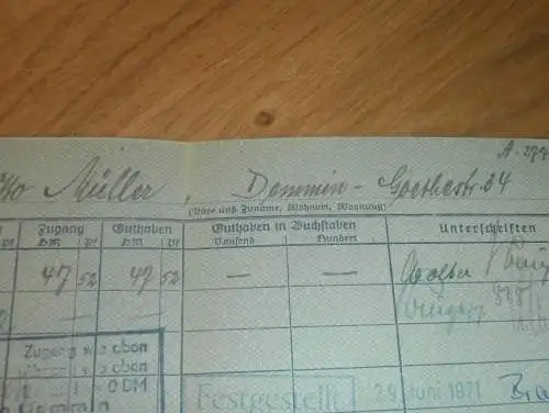altes Sparbuch Demmin ,1952 - 1955 , Otto Müller in Demmin i. Mecklenburg , Sparkasse , Bank !!!