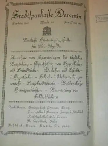 altes Sparbuch Demmin ,1940 - 1944 , Otto Müller in Demmin i. Mecklenburg , Sparkasse , Bank !!!